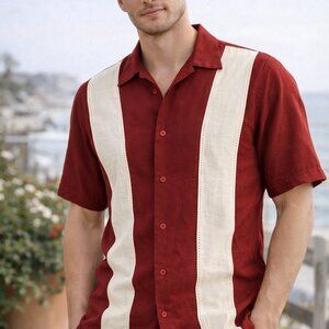 New John Henry Men’s Linen Blend Button Up Shirt Burgundy Size M NWT